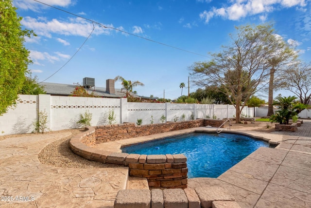 view of swimming pool with a fenced backyard, central air condition unit, a fenced in pool, and a patio