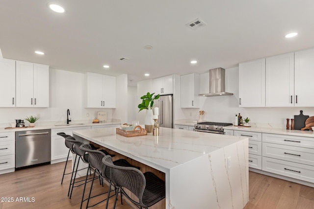 kitchen featuring visible vents, high quality appliances, a sink, a center island, and wall chimney exhaust hood