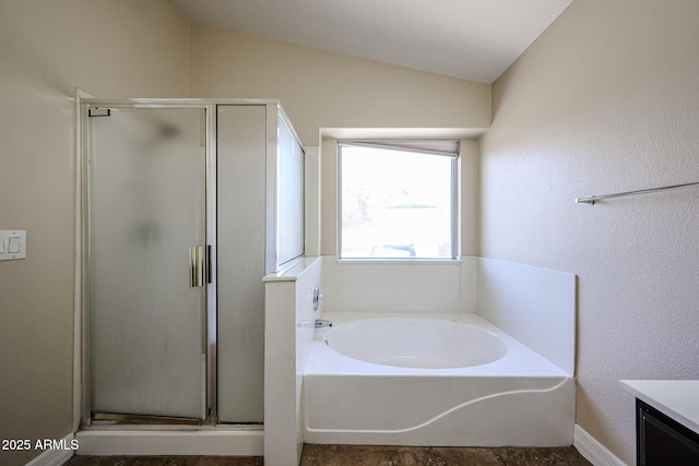 3897 E Douglas Loop, Gilbert, AZ 85234 - bathroom with a stall shower, a bath, vanity, and lofted ceiling