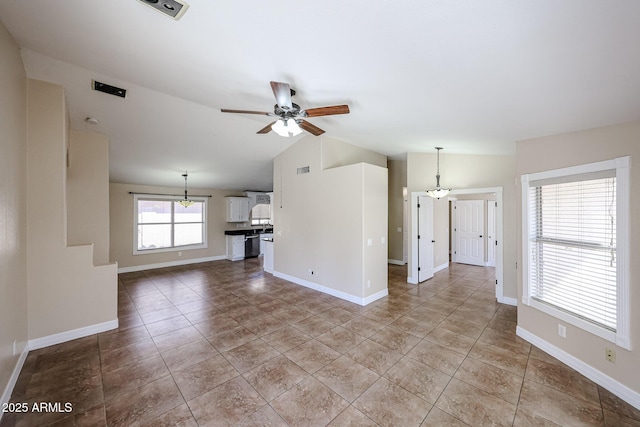 3897 E Douglas Loop, Gilbert, AZ 85234 - unfurnished living room featuring a ceiling fan, lofted ceiling, and light tile patterned floors