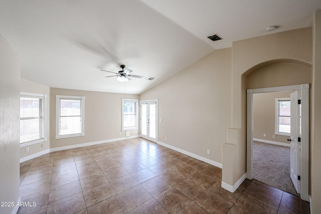 3897 E Douglas Loop, Gilbert, AZ 85234 - unfurnished room featuring vaulted ceiling, ceiling fan, plenty of natural light, and tile patterned flooring