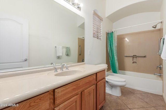 full bathroom with tile patterned floors, shower / bath combination with curtain, toilet, and vanity