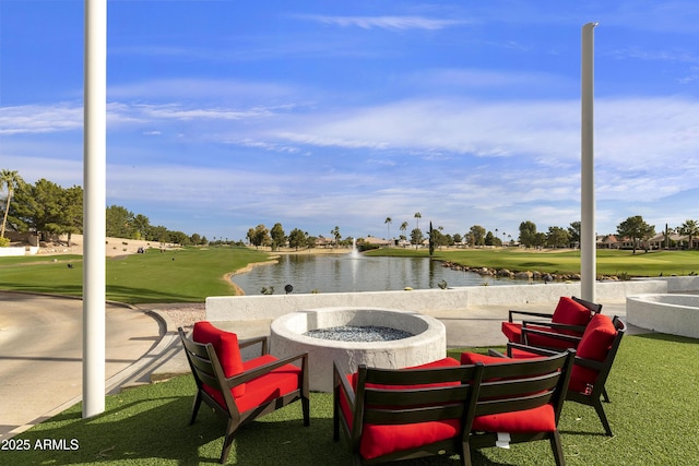 10609 E Cedar Waxwing Dr, Sun Lakes, AZ 85248 - view of patio / terrace featuring a water view, golf course view, and an outdoor fire pit