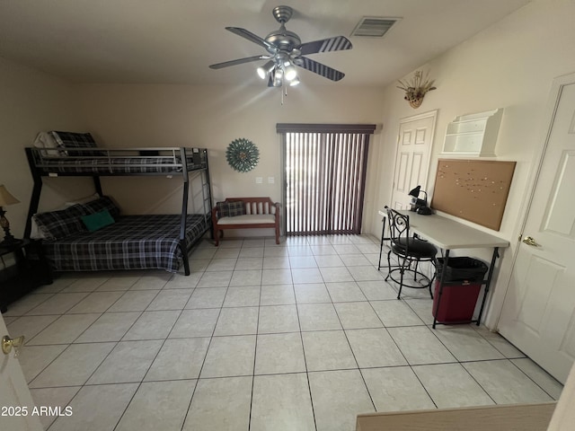 bedroom with a ceiling fan, visible vents, and light tile patterned flooring