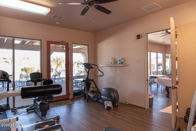 exercise room with a ceiling fan, wood finished floors, and visible vents