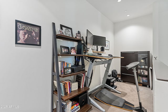 workout room featuring carpet flooring and recessed lighting