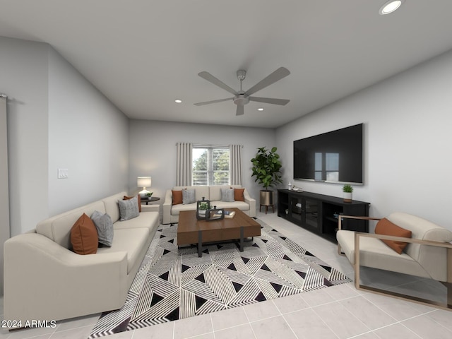 tiled living room with ceiling fan