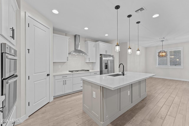 kitchen with appliances with stainless steel finishes, wall chimney exhaust hood, white cabinetry, and a center island with sink