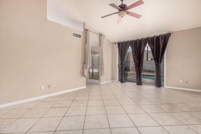 845 N Oak Ct, Chandler, AZ 85226 - unfurnished room with ceiling fan, baseboards, vaulted ceiling, and light tile patterned floors