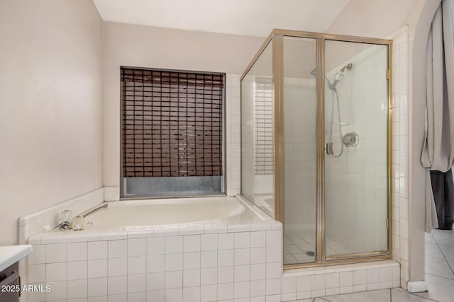 845 N Oak Ct, Chandler, AZ 85226 - bathroom with a bath, a shower stall, vanity, and tile patterned flooring