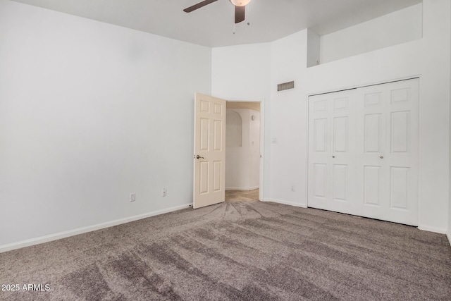 845 N Oak Ct, Chandler, AZ 85226 - unfurnished bedroom with carpet, baseboards, a ceiling fan, high vaulted ceiling, and a closet