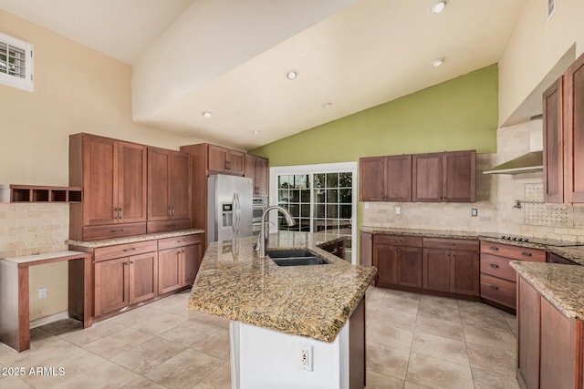 845 N Oak Ct, Chandler, AZ 85226 - kitchen with a sink, stainless steel fridge, decorative backsplash, high vaulted ceiling, and recessed lighting