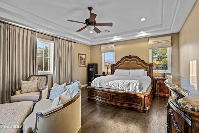 bedroom featuring ceiling fan, multiple windows, a tray ceiling, and dark hardwood / wood-style flooring