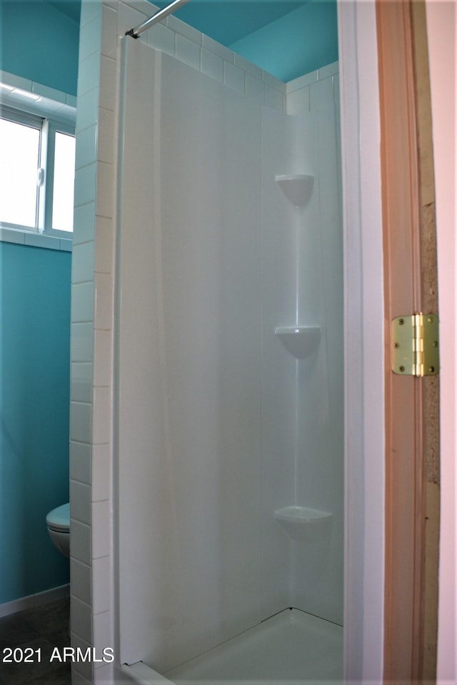 bathroom with a shower and toilet