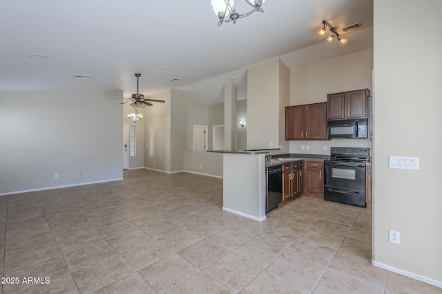 kitchen featuring black appliances, ceiling fan with notable chandelier, vaulted ceiling, light tile patterned floors, and kitchen peninsula