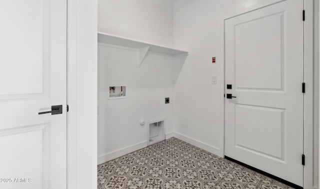 clothes washing area with hookup for a gas dryer, washer hookup, and electric dryer hookup