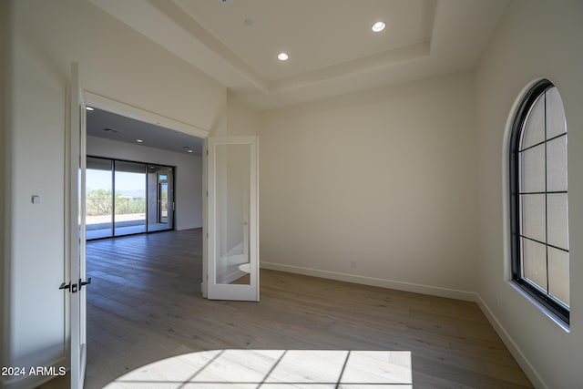 unfurnished room with light wood-type flooring and a raised ceiling