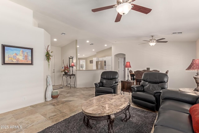 living room with lofted ceiling