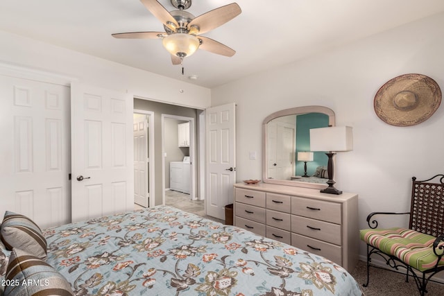 bedroom with washer / dryer and ceiling fan