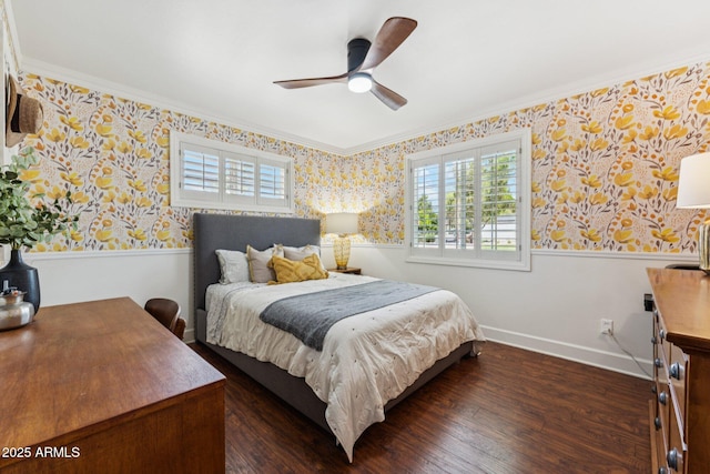 3201 E Colter St, Phoenix, AZ 85018 - bedroom with a wainscoted wall, wallpapered walls, dark wood-style flooring, ornamental molding, and ceiling fan