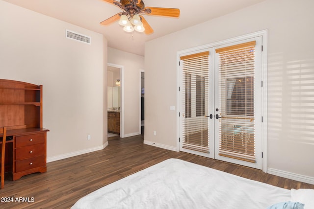 bedroom with access to outside, french doors, baseboards, wood finished floors, and visible vents