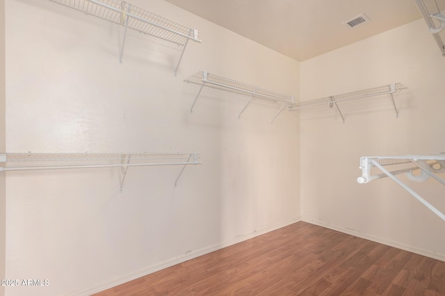walk in closet with wood finished floors and visible vents
