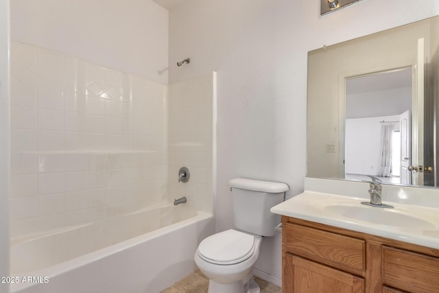 full bath featuring vanity,  shower combination, tile patterned flooring, and toilet