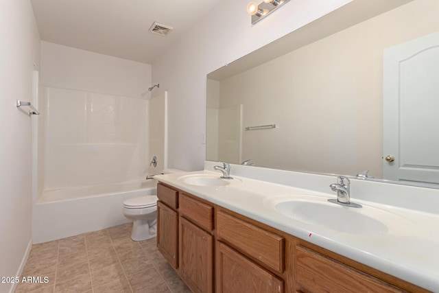 bathroom with a sink, toilet, double vanity, and visible vents