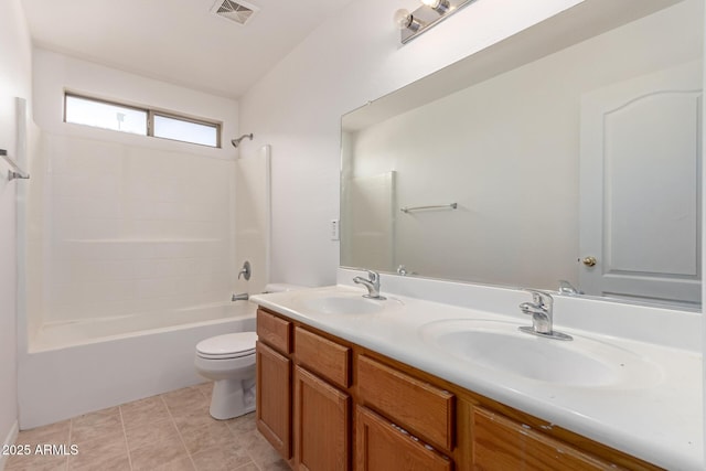 bathroom featuring double vanity, toilet, visible vents, and a sink