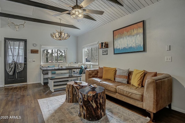 living room with dark wood-type flooring, wooden ceiling, lofted ceiling with beams, and baseboards