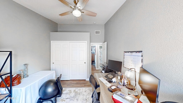 office area featuring hardwood / wood-style floors and ceiling fan