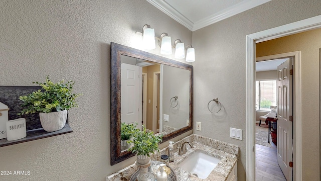 bathroom featuring wood-type flooring, vanity, and ornamental molding