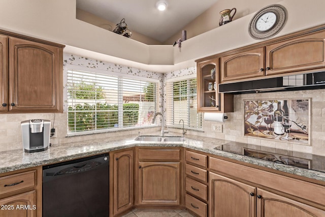 7648 W Mauna Loa Ln, Peoria, AZ 85381 - kitchen with black appliances, a sink, light stone countertops, and backsplash