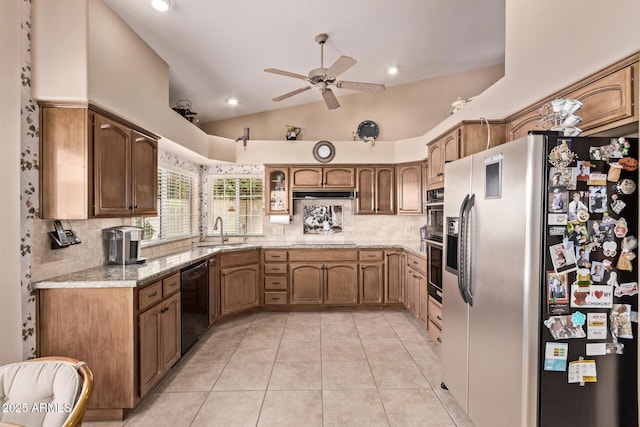 7648 W Mauna Loa Ln, Peoria, AZ 85381 - kitchen with black appliances, a sink, a ceiling fan, backsplash, and lofted ceiling