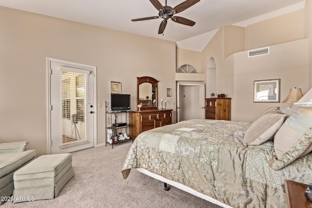7648 W Mauna Loa Ln, Peoria, AZ 85381 - bedroom with carpet flooring, access to exterior, high vaulted ceiling, arched walkways, and a ceiling fan