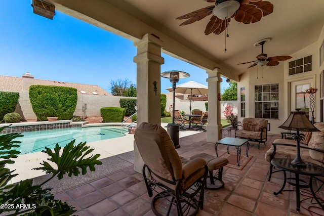 7648 W Mauna Loa Ln, Peoria, AZ 85381 - view of swimming pool with a fenced backyard, ceiling fan, a patio, and an outdoor living space