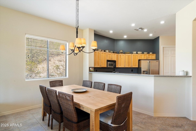 dining area with recessed lighting, an inviting chandelier, visible vents, and baseboards