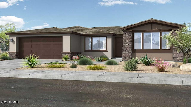 view of front of property with an attached garage, stucco siding, driveway, and stone siding