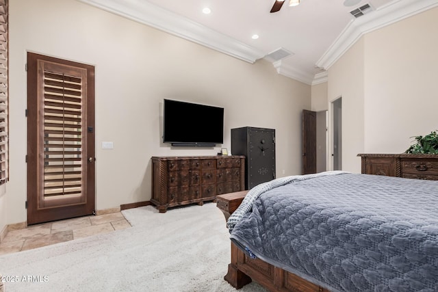 21615 E Pegasus Pkwy, Queen Creek, AZ 85142 - bedroom with a ceiling fan, baseboards, ornamental molding, and visible vents