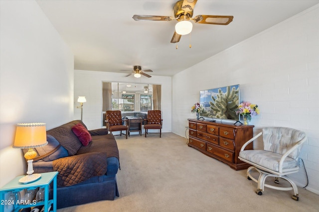 living room with light carpet and ceiling fan