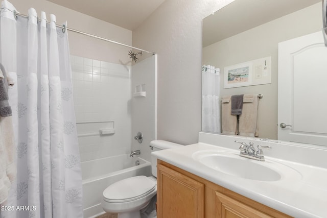 full bathroom featuring vanity, shower / tub combo with curtain, and toilet