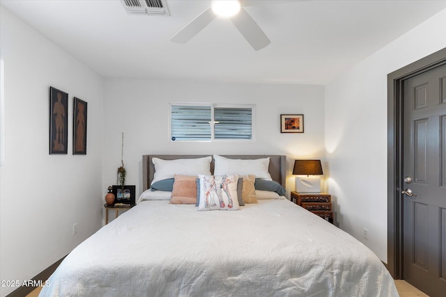 bedroom with ceiling fan and visible vents