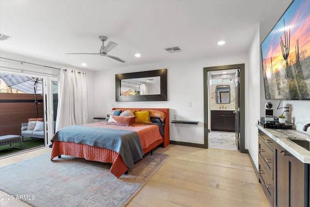 bedroom with access to exterior, recessed lighting, visible vents, and light wood finished floors