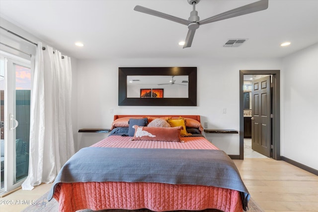 bedroom featuring a ceiling fan, recessed lighting, visible vents, and light wood finished floors