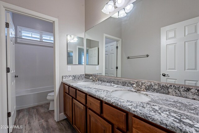 bathroom with vanity, wood-type flooring, and toilet