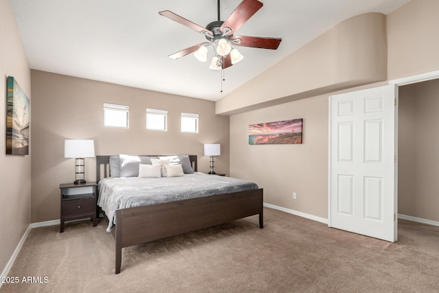 3041 E Fremont Rd, Phoenix, AZ 85042 - bedroom featuring light carpet, vaulted ceiling, and a ceiling fan