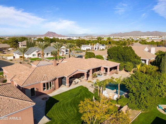 aerial view featuring a residential view and a mountain view