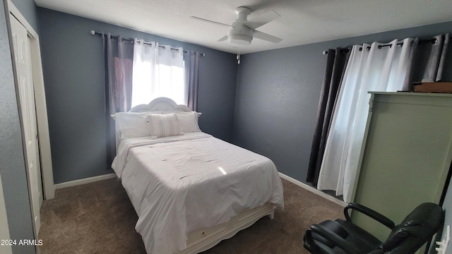 bedroom featuring ceiling fan, carpet flooring, and a closet