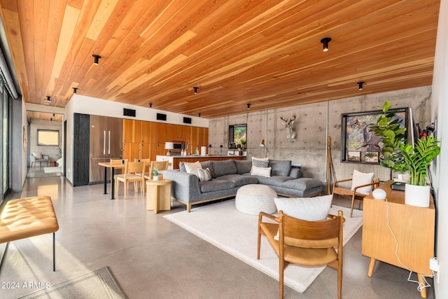 living room with wooden ceiling