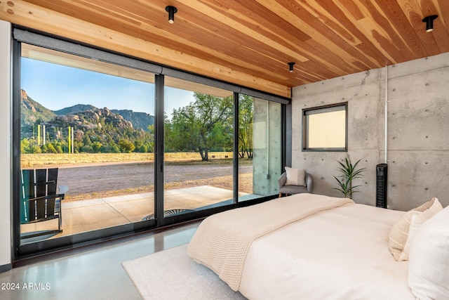 bedroom featuring concrete floors, a mountain view, multiple windows, and access to exterior